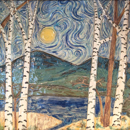 Tile art of birch, lake, mountains